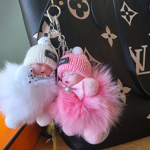 Cute Baby Sleeping Keychain with LOVE tag, Plush rabbit fur, Bag Charm, - Picture 7 of 7